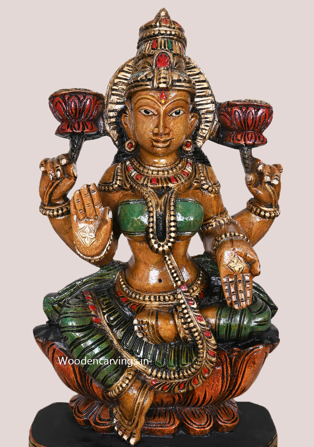 Figurine Of Devi Shri MahaLakshmi Seated on Lotus Home Decor Beautiful Wooden Sculpture 24"