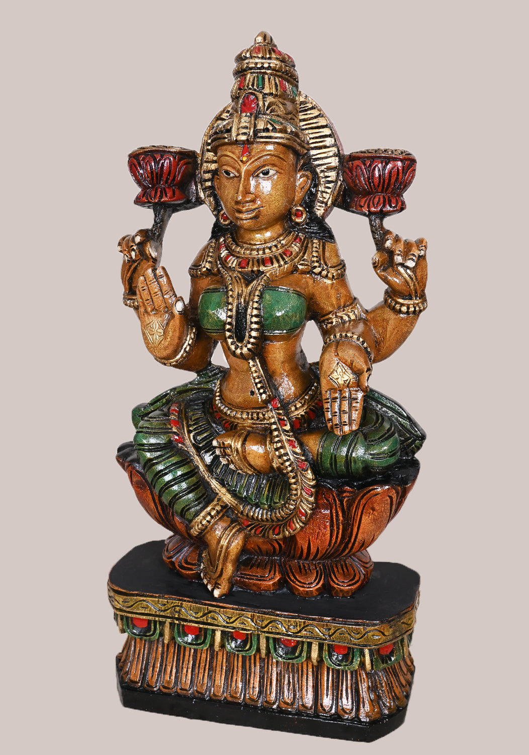 Figurine Of Devi Shri MahaLakshmi Seated on Lotus Home Decor Beautiful Wooden Sculpture 24"