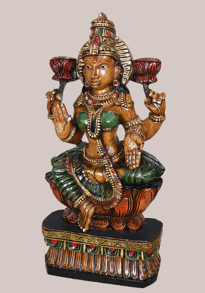 Figurine Of Devi Shri MahaLakshmi Seated on Lotus Home Decor Beautiful Wooden Sculpture 24"