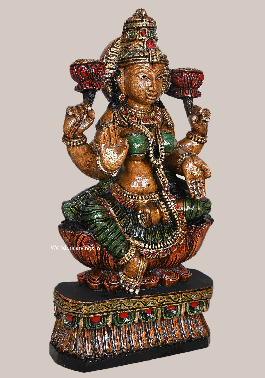 Figurine Of Devi Shri MahaLakshmi Seated on Lotus Home Decor Beautiful Wooden Sculpture 24"