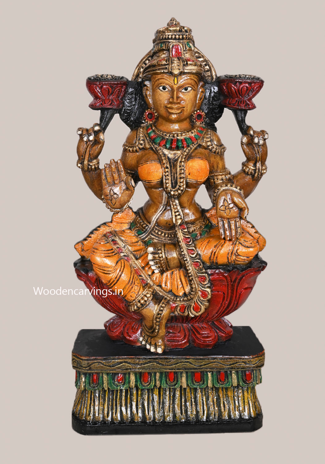 Sculpture Of Goddess Beauty MahaLakshmi Holding Lotus Home Decor Wooden Handcrafted Idol 24"