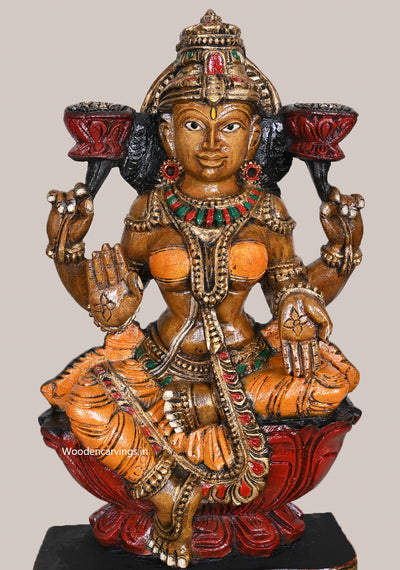 Sculpture Of Goddess Beauty MahaLakshmi Holding Lotus Home Decor Wooden Handcrafted Idol 24"