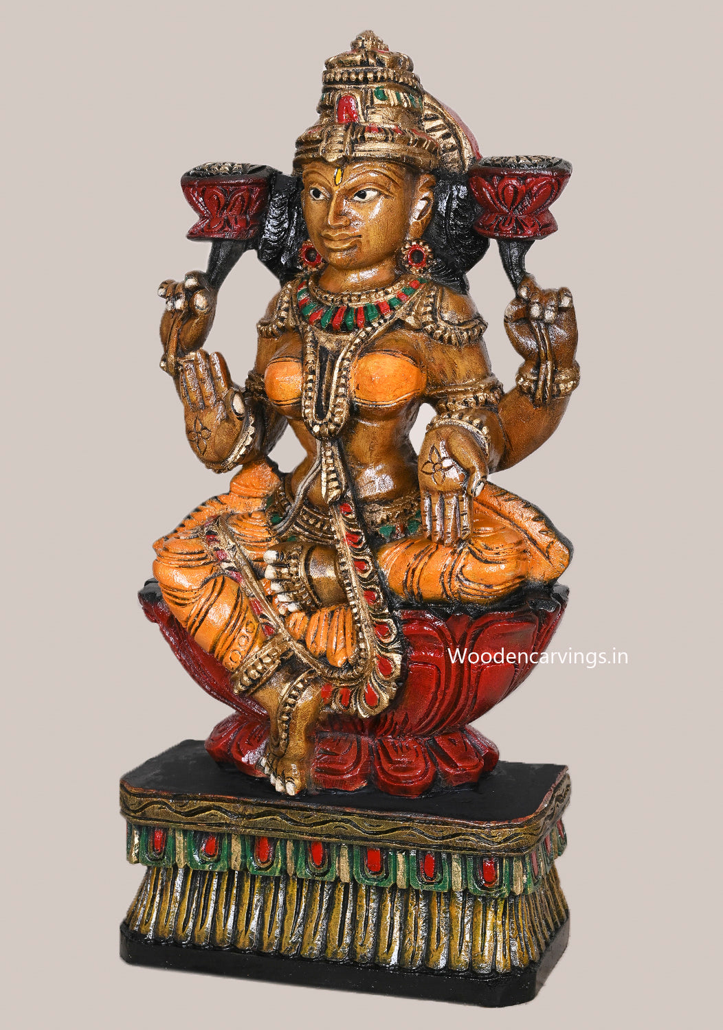 Sculpture Of Goddess Beauty MahaLakshmi Holding Lotus Home Decor Wooden Handcrafted Idol 24"