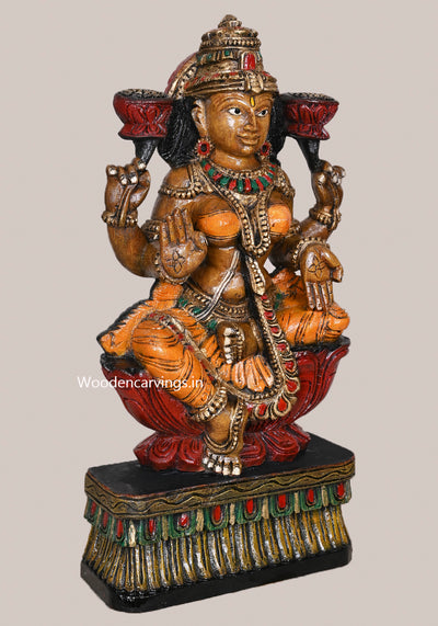 Sculpture Of Goddess Beauty MahaLakshmi Holding Lotus Home Decor Wooden Handcrafted Idol 24"