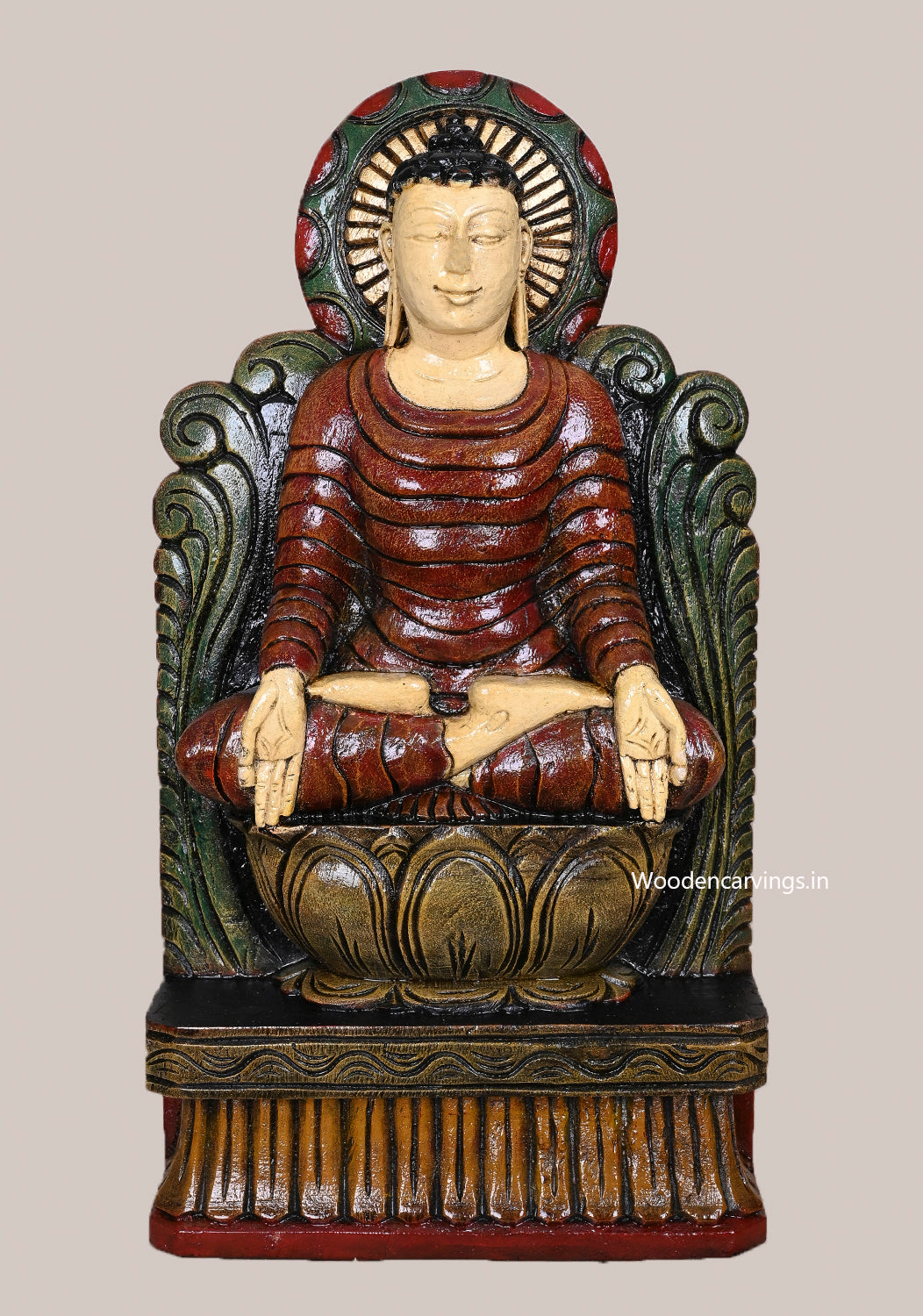 Lord Buddha Calmly Seated on Petal Lotus Bhumisparsha Mudra Handcrafted Wooden Light Weight Sculpture 18"