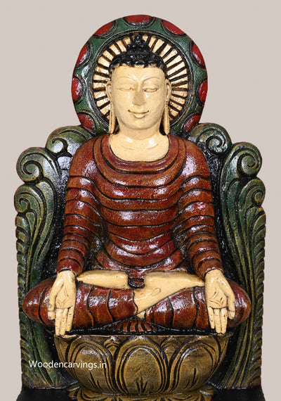 Lord Buddha Calmly Seated on Petal Lotus Bhumisparsha Mudra Handcrafted Wooden Light Weight Sculpture 18"