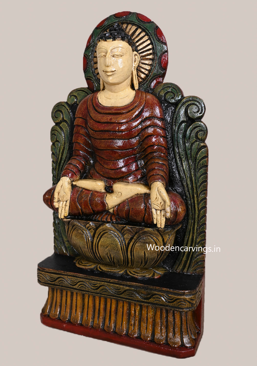 Lord Buddha Calmly Seated on Petal Lotus Bhumisparsha Mudra Handcrafted Wooden Light Weight Sculpture 18"