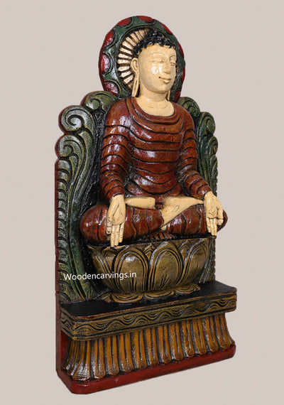 Lord Buddha Calmly Seated on Petal Lotus Bhumisparsha Mudra Handcrafted Wooden Light Weight Sculpture 18"