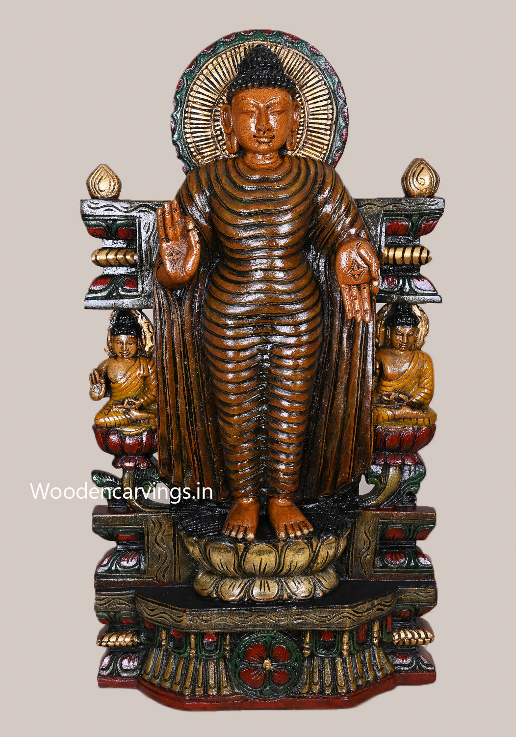 New Collection Of Standing Lord Buddha Vitarka Mudra On Lotus Handcrafted Multicoloured Wooden Sculpture 29.5"