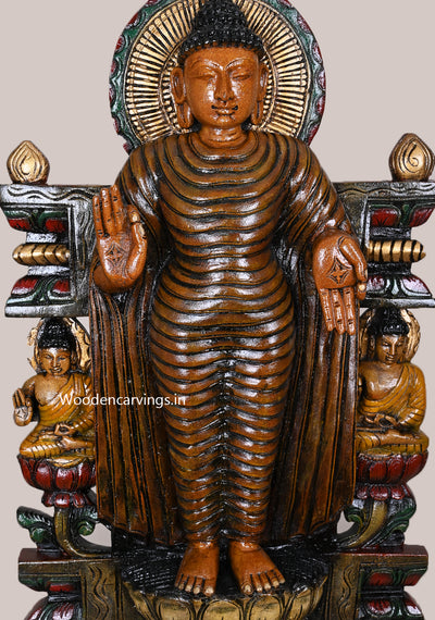 New Collection Of Standing Lord Buddha Vitarka Mudra On Lotus Handcrafted Multicoloured Wooden Sculpture 29.5"