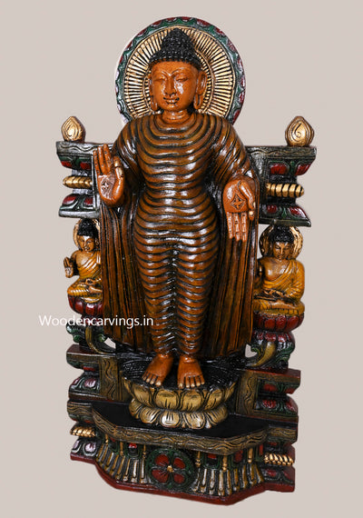 New Collection Of Standing Lord Buddha Vitarka Mudra On Lotus Handcrafted Multicoloured Wooden Sculpture 29.5"