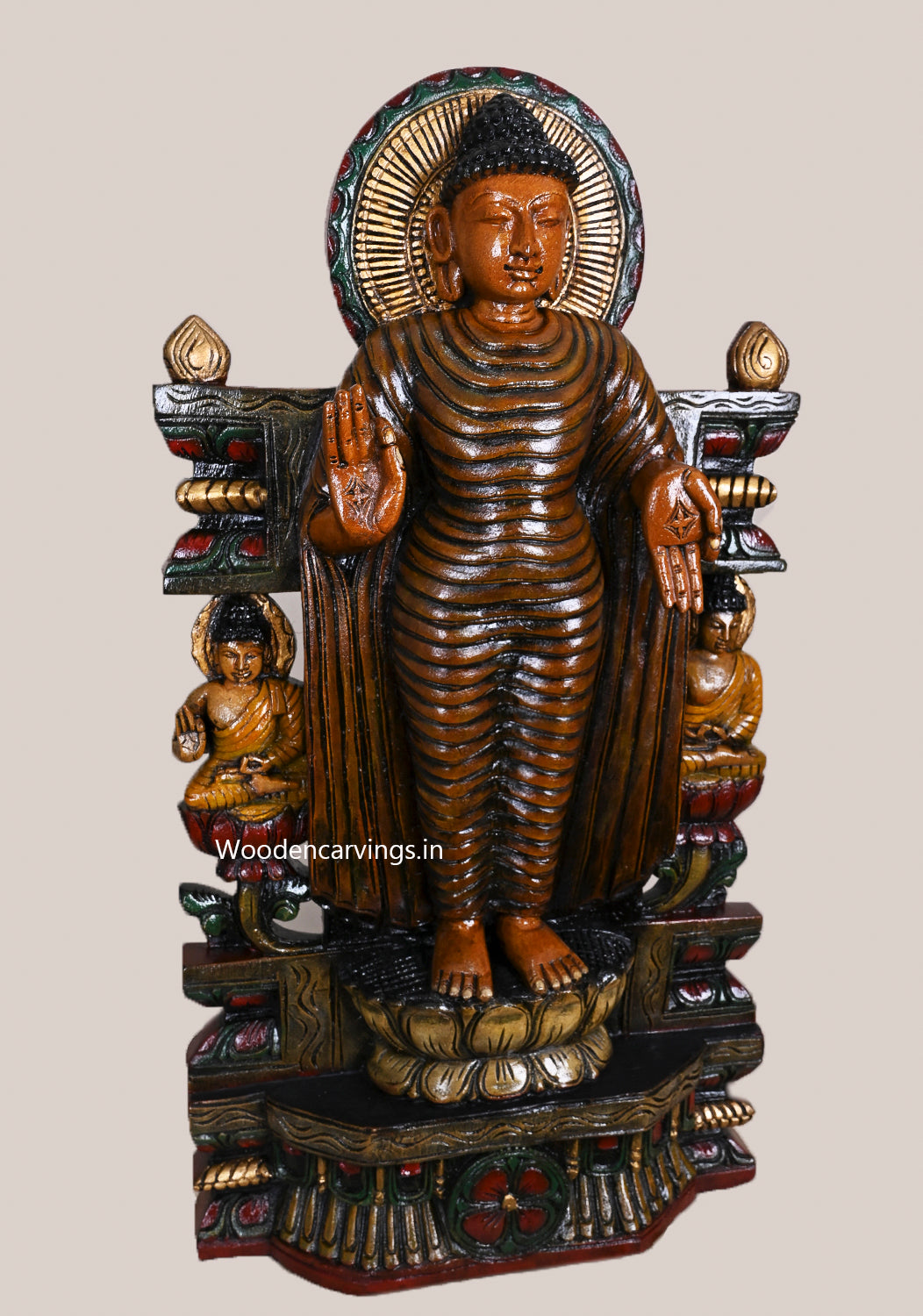 New Collection Of Standing Lord Buddha Vitarka Mudra On Lotus Handcrafted Multicoloured Wooden Sculpture 29.5"