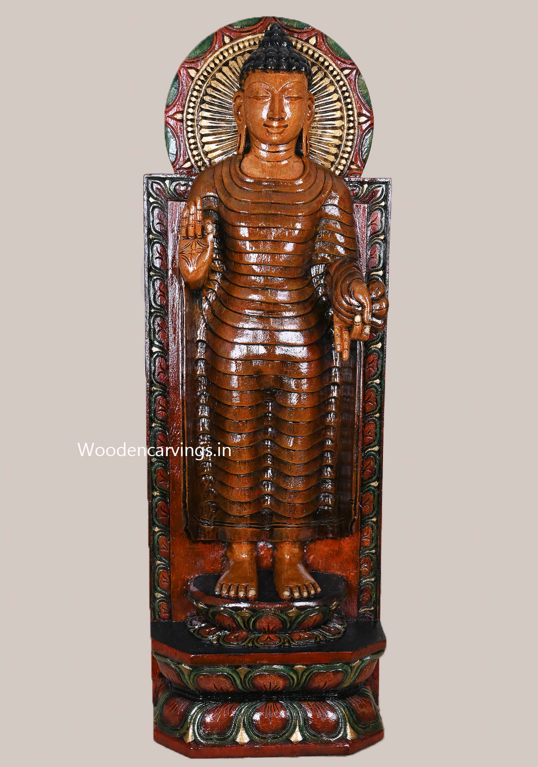 Gauthama Buddha Standing Light Weight Wall Hanging Detaily Carved Coloured Wooden Handcrafted Sculpture 36"