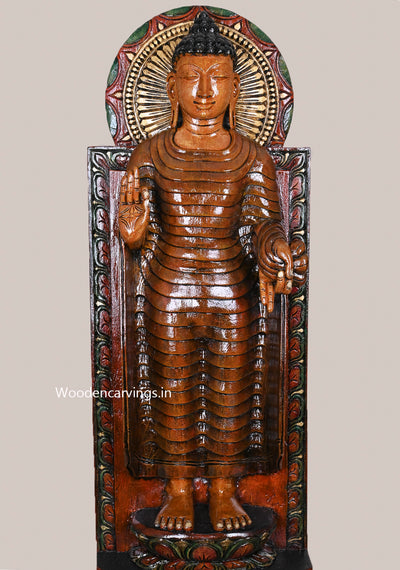 Gauthama Buddha Standing Light Weight Wall Hanging Detaily Carved Coloured Wooden Handcrafted Sculpture 36"