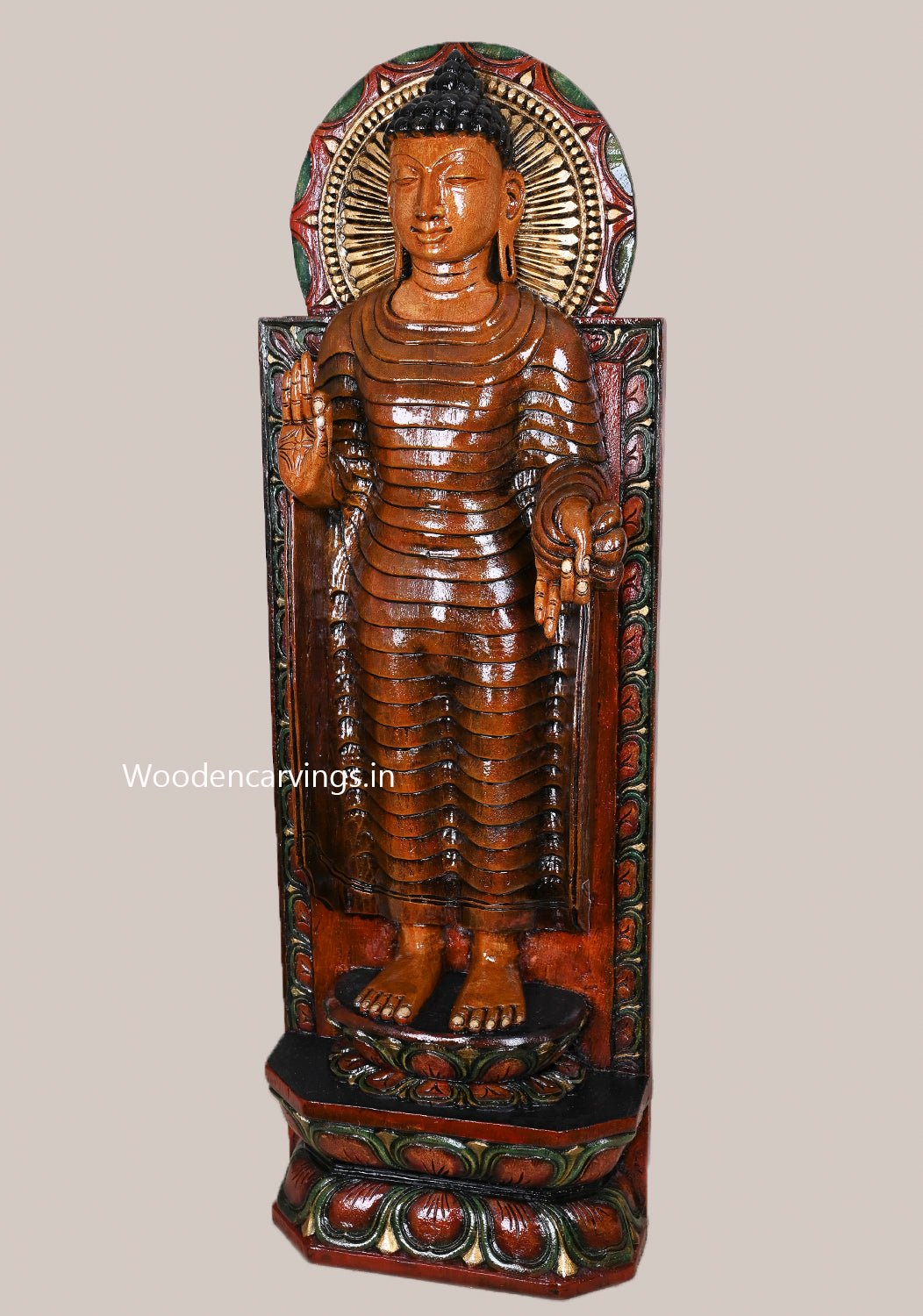 Gauthama Buddha Standing Light Weight Wall Hanging Detaily Carved Coloured Wooden Handcrafted Sculpture 36"