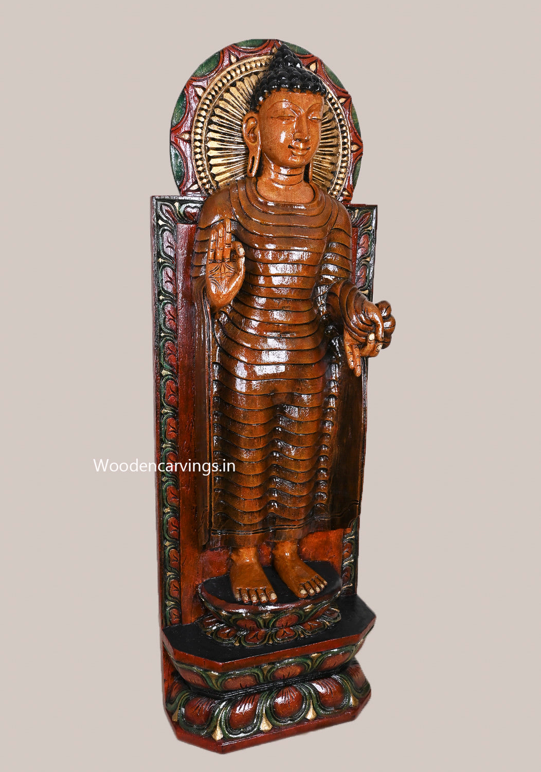 Gauthama Buddha Standing Light Weight Wall Hanging Detaily Carved Coloured Wooden Handcrafted Sculpture 36"