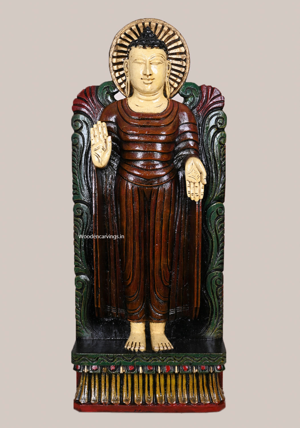 Standing Light Weight Sarnath Temple Style Lord Buddha Multicoloured Wooden Handcrafted Vaagai Wood Wall Mount 24"