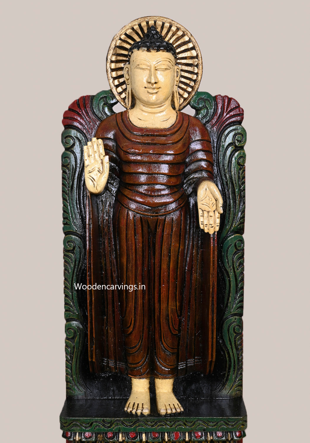 Standing Light Weight Sarnath Temple Style Lord Buddha Multicoloured Wooden Handcrafted Vaagai Wood Wall Mount 24"