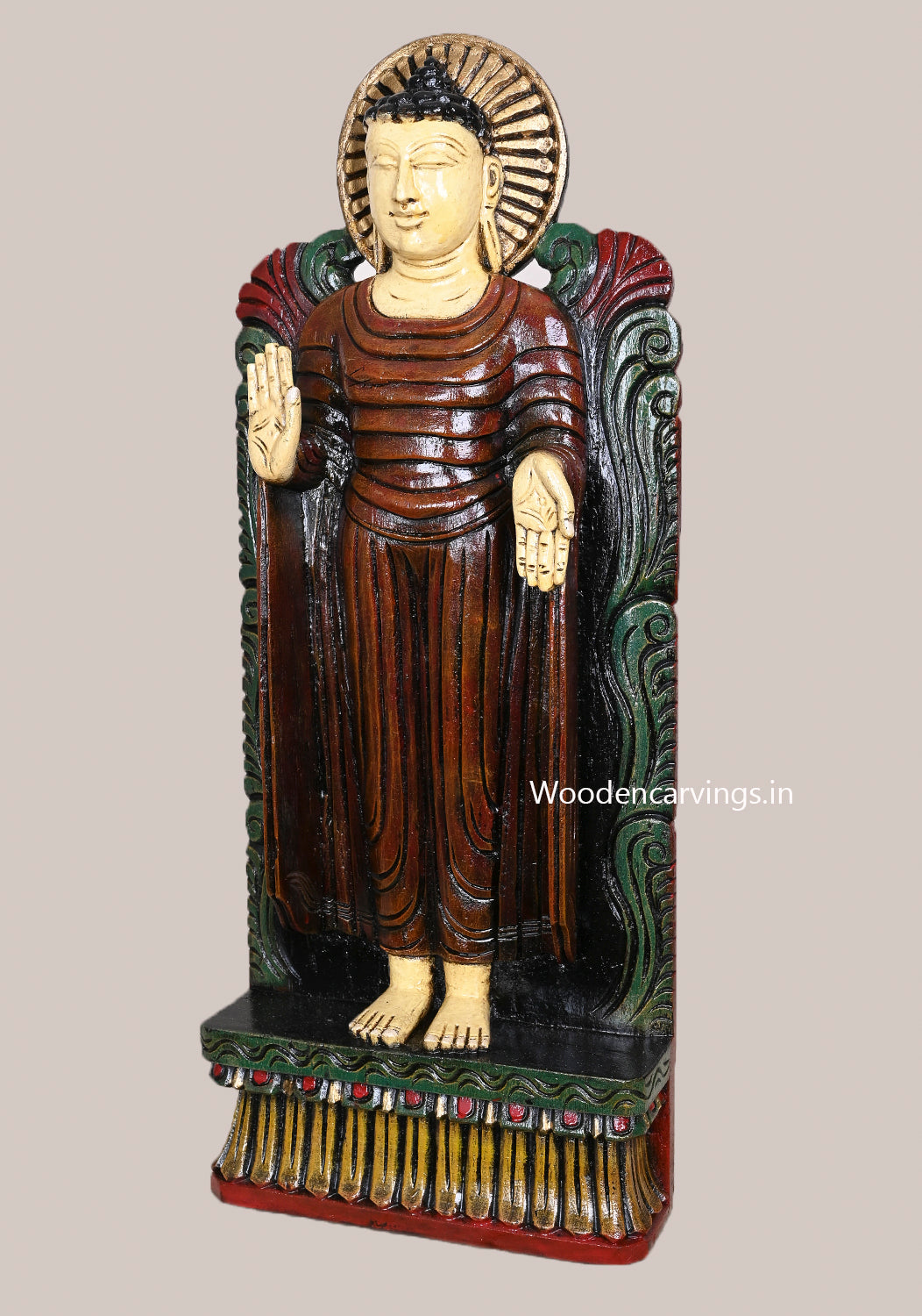 Standing Light Weight Sarnath Temple Style Lord Buddha Multicoloured Wooden Handcrafted Vaagai Wood Wall Mount 24"