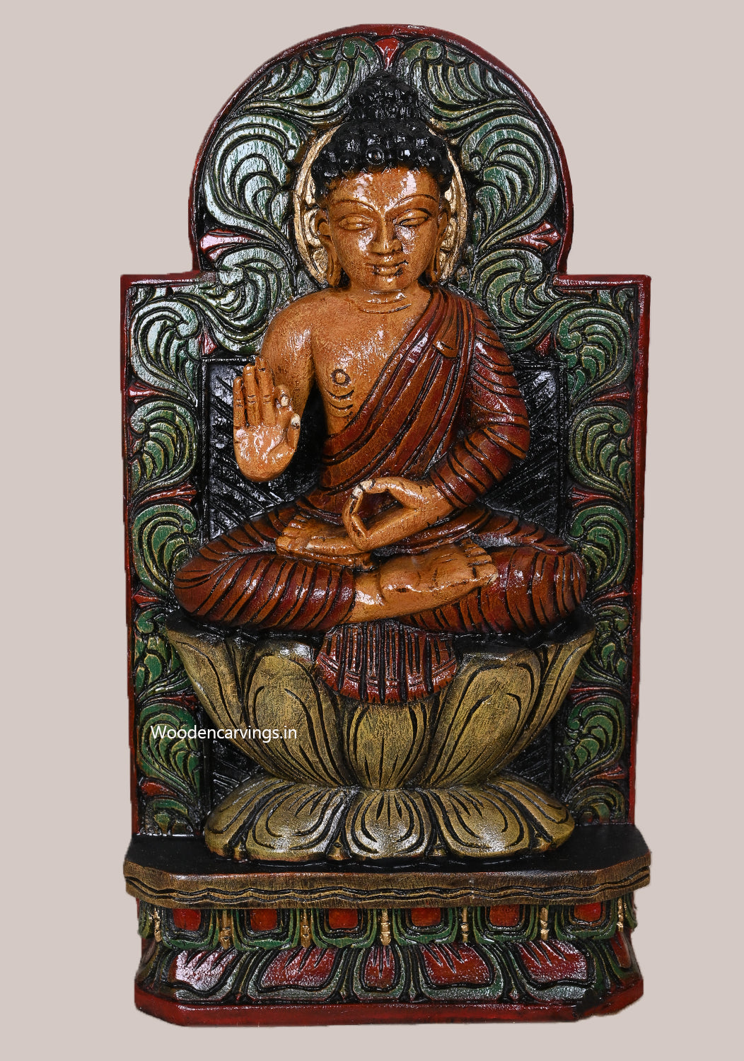 Carved Bodhi Tree Background Lord Coloured Vitarka Mudra Buddha Handcrafed Wooden Wall Mount 18"