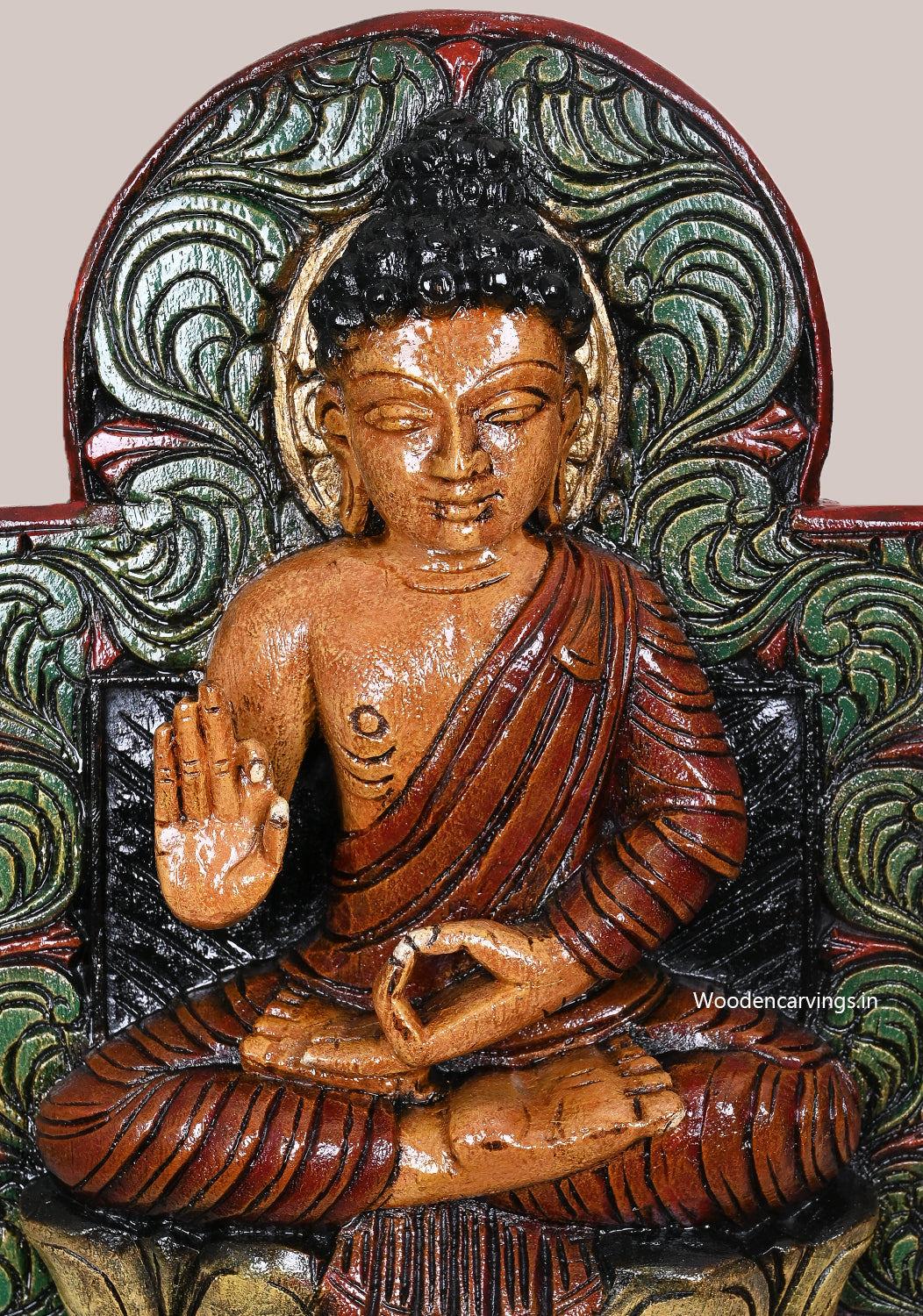 Carved Bodhi Tree Background Lord Coloured Vitarka Mudra Buddha Handcrafed Wooden Wall Mount 18"