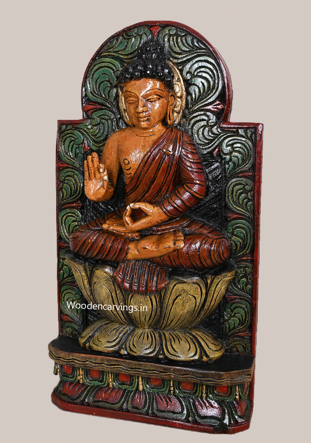 Carved Bodhi Tree Background Lord Coloured Vitarka Mudra Buddha Handcrafed Wooden Wall Mount 18"