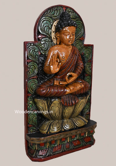 Carved Bodhi Tree Background Lord Coloured Vitarka Mudra Buddha Handcrafed Wooden Wall Mount 18"