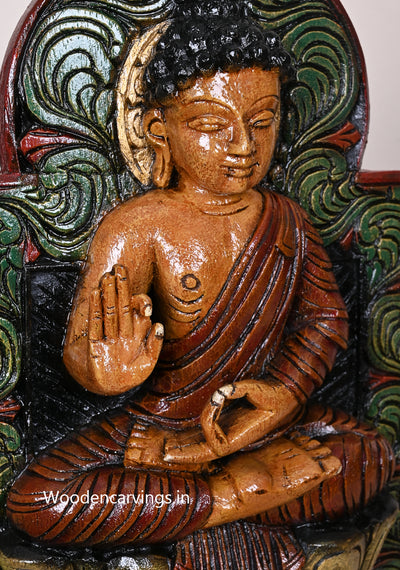 Carved Bodhi Tree Background Lord Coloured Vitarka Mudra Buddha Handcrafed Wooden Wall Mount 18"