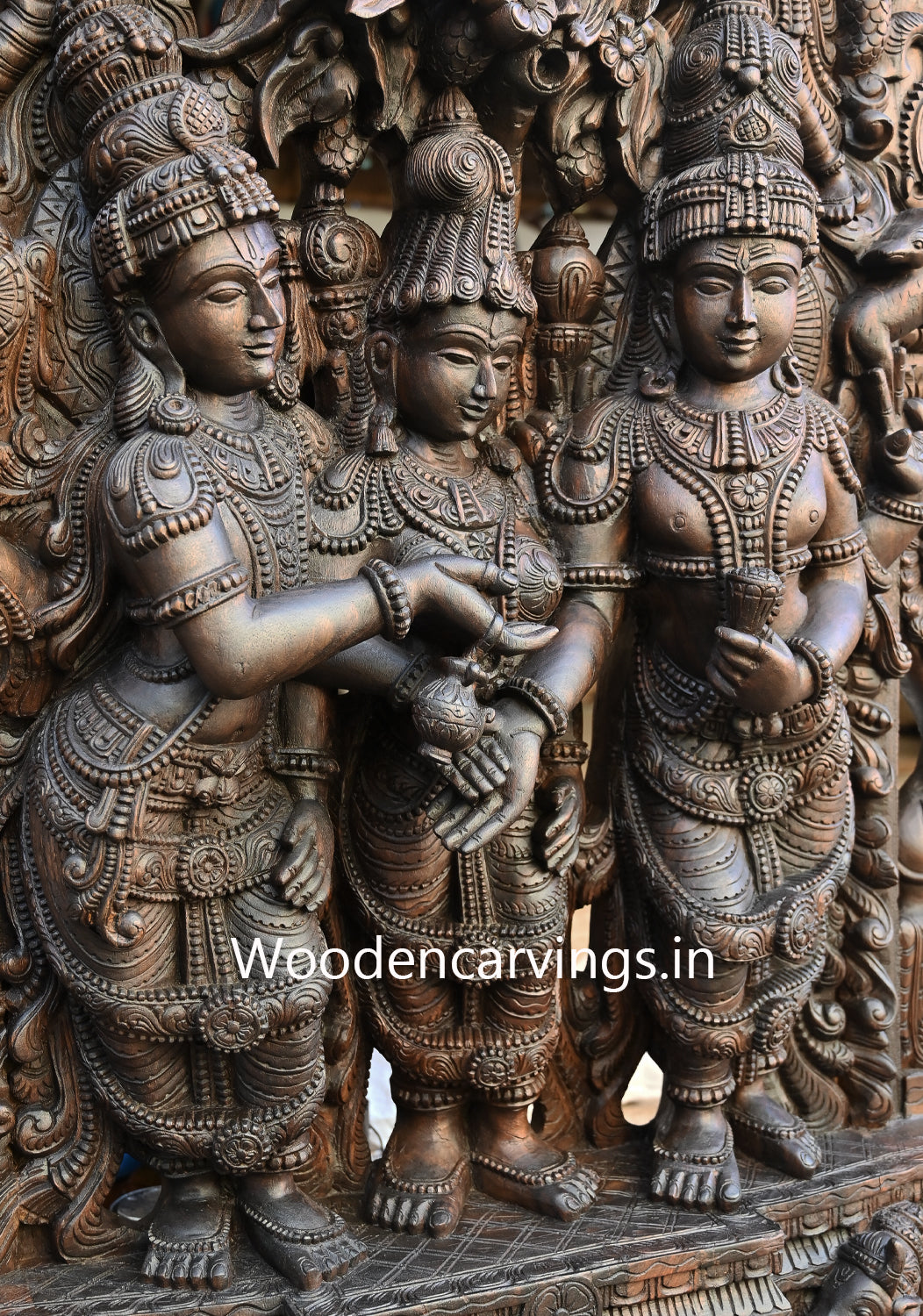 Thirukalyanakolam of Goddess Meenakshi With Lord Shiva and Mahavishnu Handcrafted Wooden Jali Work Beautiful Sculpture 87"