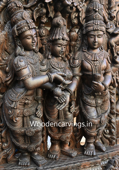 Thirukalyanakolam of Goddess Meenakshi With Lord Shiva and Mahavishnu Handcrafted Wooden Jali Work Beautiful Sculpture 87"