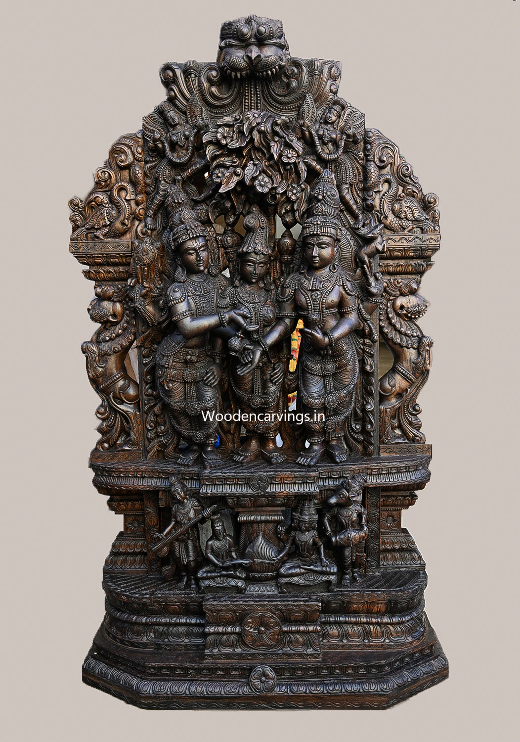 Thirukalyanakolam of Goddess Meenakshi With Lord Shiva and Mahavishnu Handcrafted Wooden Jali Work Beautiful Sculpture 87"