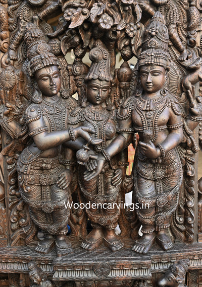 Thirukalyanakolam of Goddess Meenakshi With Lord Shiva and Mahavishnu Handcrafted Wooden Jali Work Beautiful Sculpture 87"