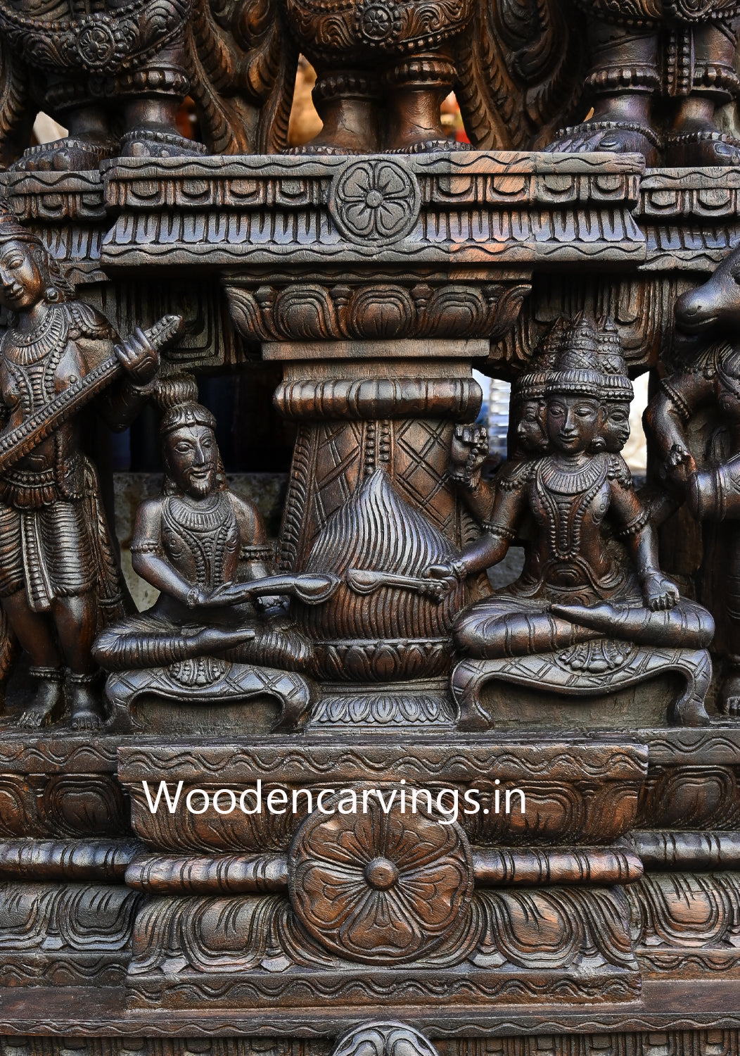 Thirukalyanakolam of Goddess Meenakshi With Lord Shiva and Mahavishnu Handcrafted Wooden Jali Work Beautiful Sculpture 87"