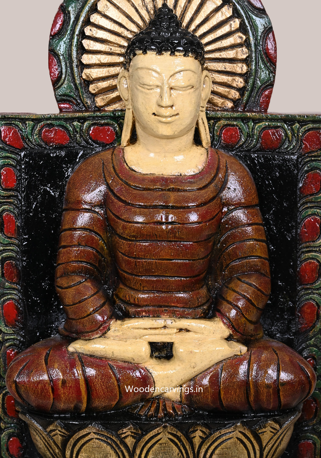 Calm Gauthama Buddha Doing Dhyana Mudra Handcrafted Light Weight Multicoloured Wooden Sculpture 18"