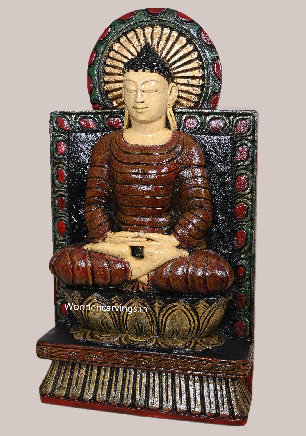 Calm Gauthama Buddha Doing Dhyana Mudra Handcrafted Light Weight Multicoloured Wooden Sculpture 18"