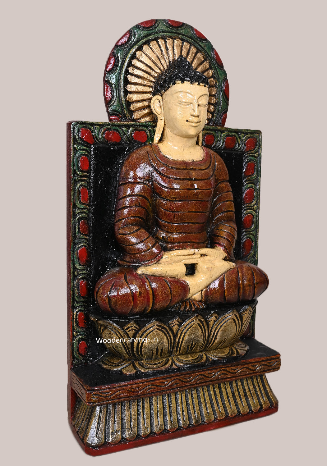 Calm Gauthama Buddha Doing Dhyana Mudra Handcrafted Light Weight Multicoloured Wooden Sculpture 18"