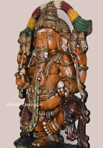 Dancing Chathurbhuja Ganapathy on Double Petal Grey Lotus Handcrafted Flower Garland Design Wooden Sculpture 48"