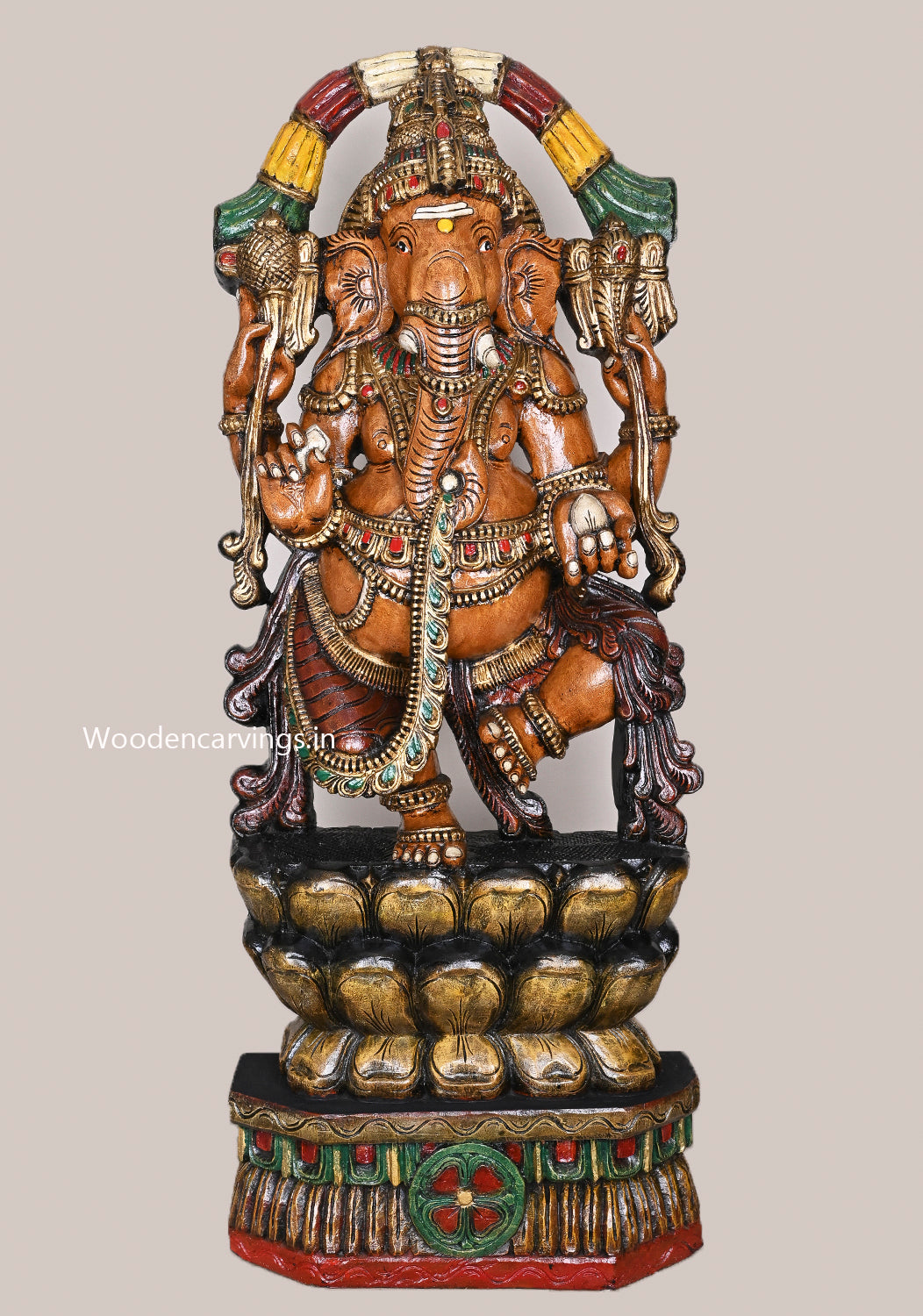 Dancing Chathurbhuja Ganapathy on Double Petal Grey Lotus Handcrafted Flower Garland Design Wooden Sculpture 48"