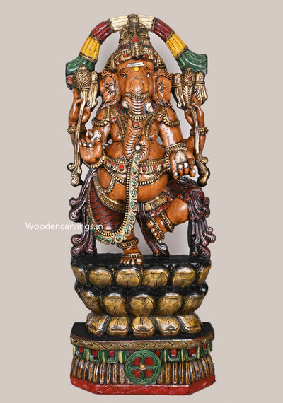 Dancing Chathurbhuja Ganapathy on Double Petal Grey Lotus Handcrafted Flower Garland Design Wooden Sculpture 48"