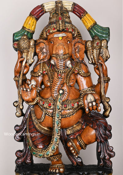 Dancing Chathurbhuja Ganapathy on Double Petal Grey Lotus Handcrafted Flower Garland Design Wooden Sculpture 48"