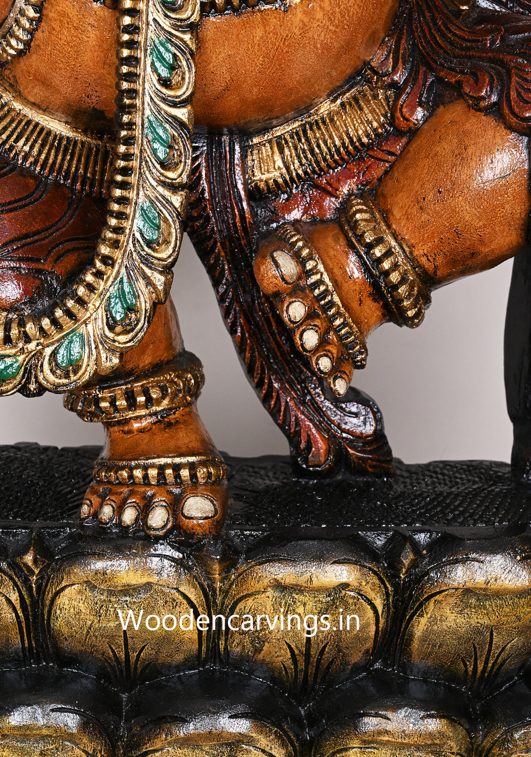 Dancing Chathurbhuja Ganapathy on Double Petal Grey Lotus Handcrafted Flower Garland Design Wooden Sculpture 48"