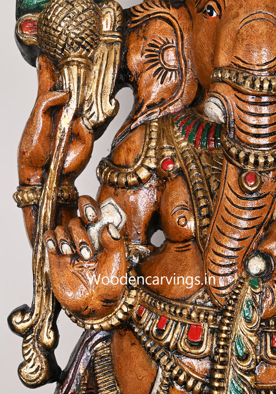 Dancing Chathurbhuja Ganapathy on Double Petal Grey Lotus Handcrafted Flower Garland Design Wooden Sculpture 48"