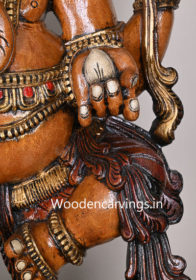 Dancing Chathurbhuja Ganapathy on Double Petal Grey Lotus Handcrafted Flower Garland Design Wooden Sculpture 48"