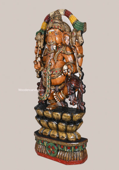 Dancing Chathurbhuja Ganapathy on Double Petal Grey Lotus Handcrafted Flower Garland Design Wooden Sculpture 48"