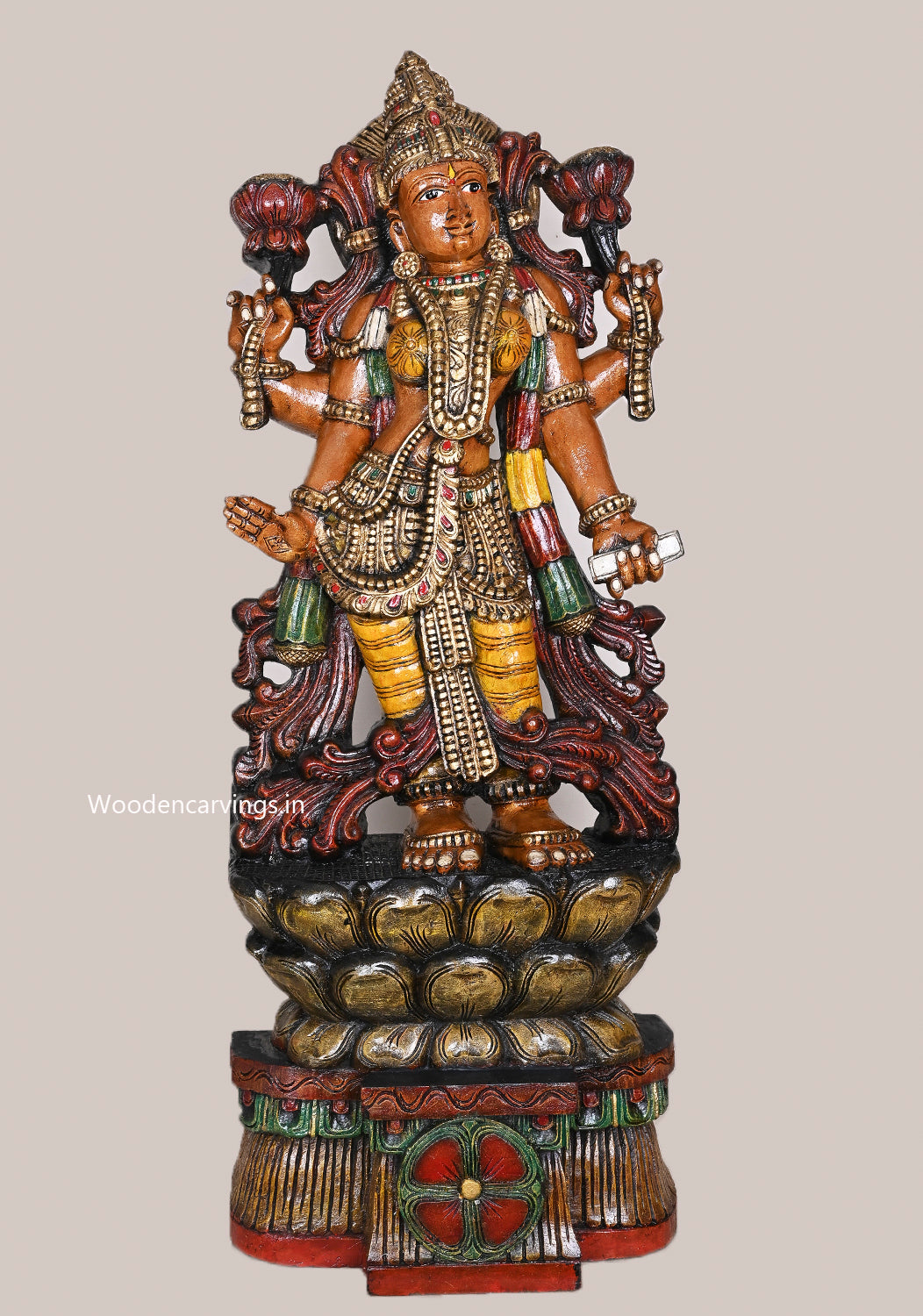 Cheerful Sivagami Devi Goddess Maa Lakshmi Blessing on Double Petal Grey Lotus Wooden Decoartive Sculpture 47"