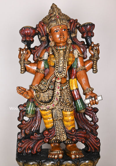 Cheerful Sivagami Devi Goddess Maa Lakshmi Blessing on Double Petal Grey Lotus Wooden Decoartive Sculpture 47"