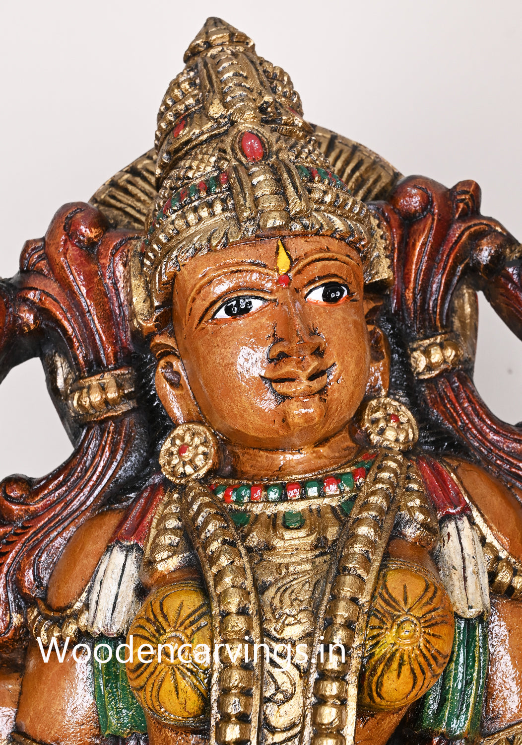 Cheerful Sivagami Devi Goddess Maa Lakshmi Blessing on Double Petal Grey Lotus Wooden Decoartive Sculpture 47"