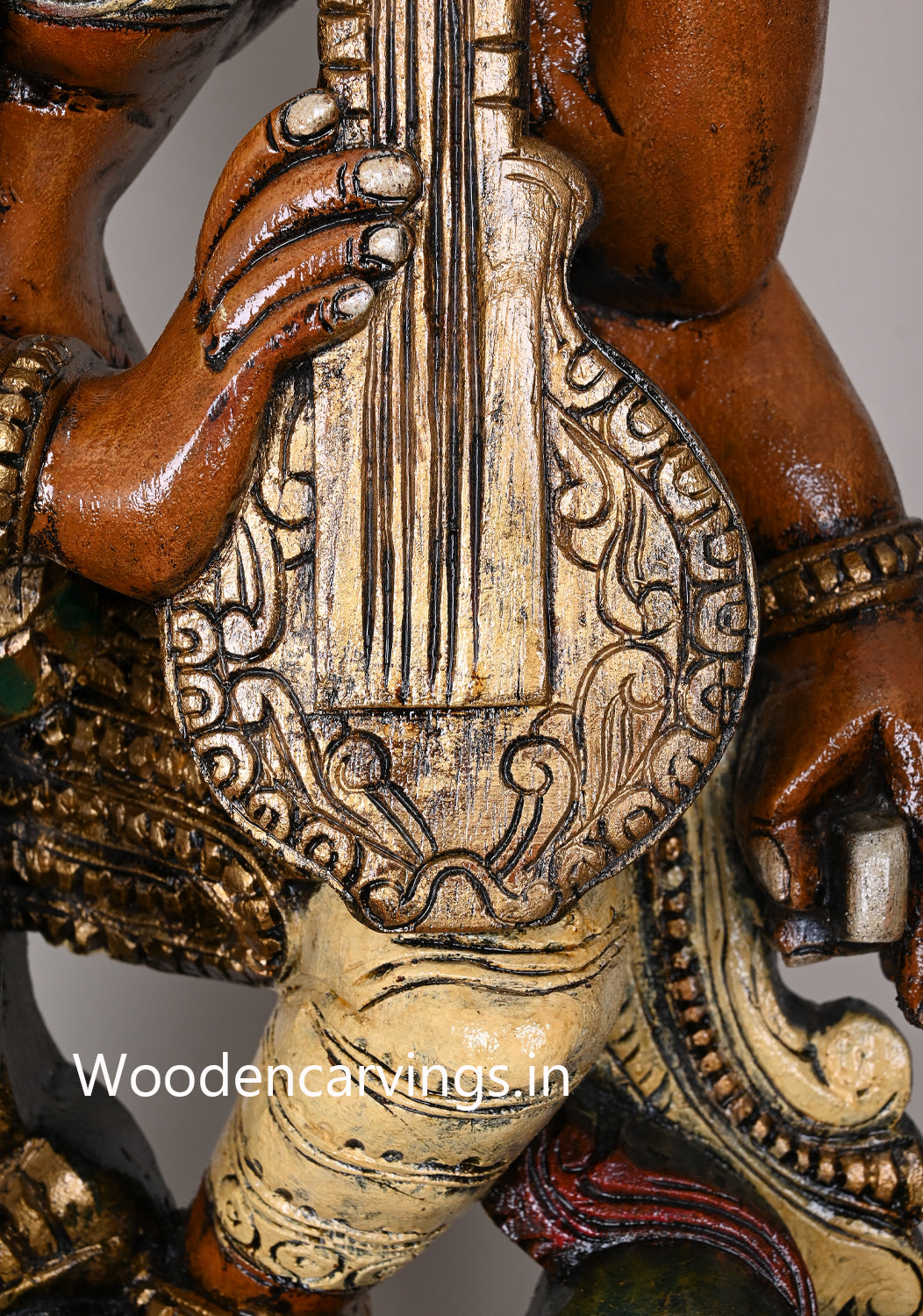 Playing With White Veena Goddess Saraswathi on Green Bird Hamsa (Annapakshi) With Petal Lotus Wooden Sculpture 49"