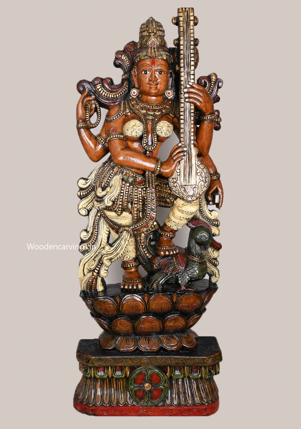 Playing With White Veena Goddess Saraswathi on Green Bird Hamsa (Annapakshi) With Petal Lotus Wooden Sculpture 49"