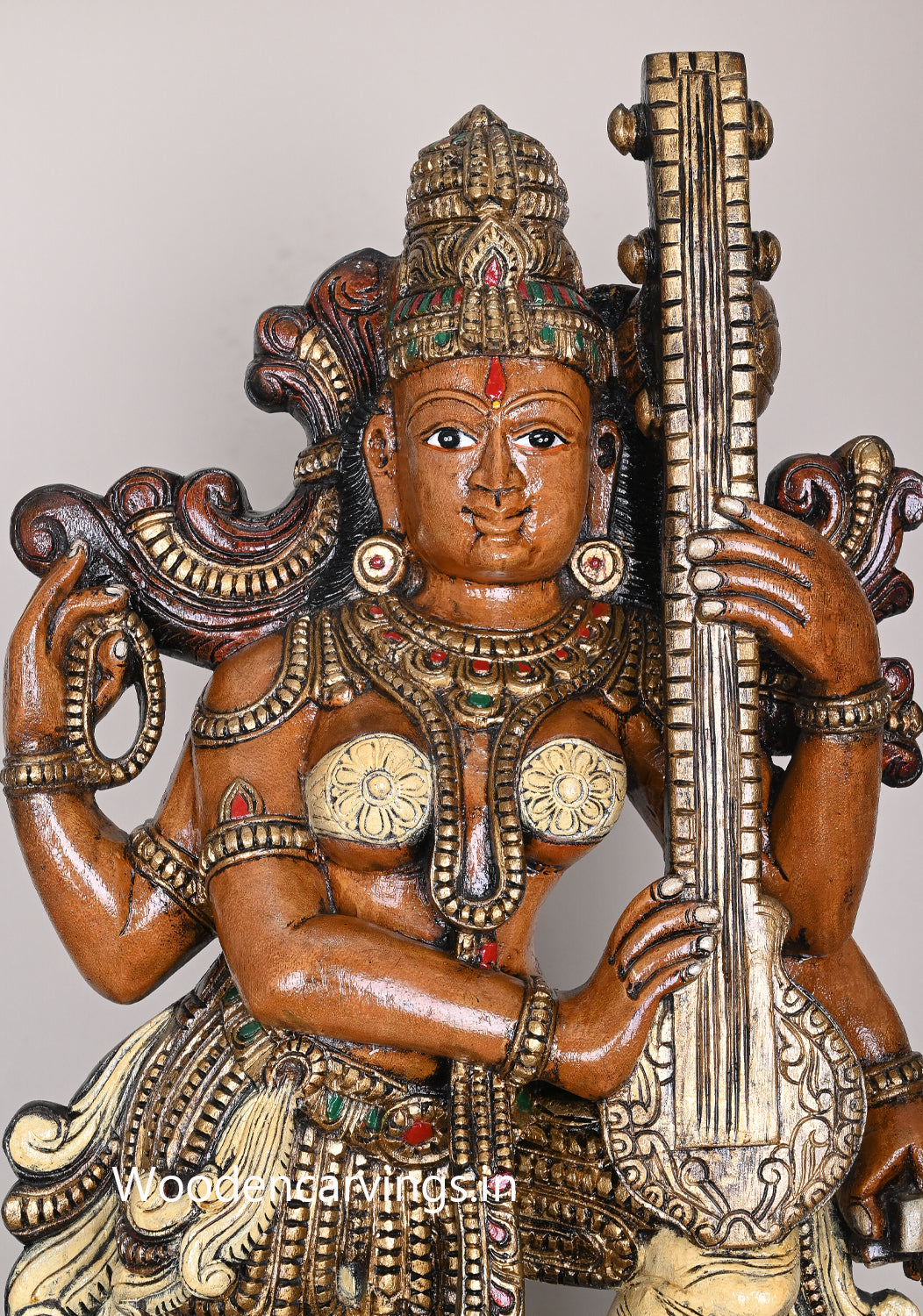 Playing With White Veena Goddess Saraswathi on Green Bird Hamsa (Annapakshi) With Petal Lotus Wooden Sculpture 49"